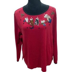 Bon Worth VTG Cat  Embroidered Beaded Christmas Holiday Red Long Sleeve Shirt L